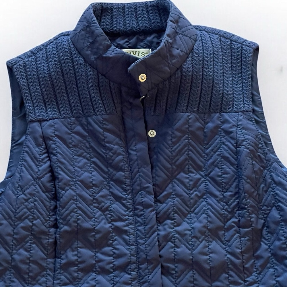 Orvis Navy Blue Quilted Cable Knit Sweater Vest Women’s Sz S Zipper Snap Front